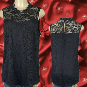 Apt 9 L Black Floral Lace Lined High Neckline Button Keyhole Sleeveless Blouse